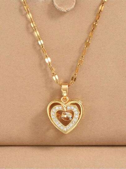 1pc Gold Plated Stainless Steel Chain Cubic Zirconia Inlaid Heart Shaped Pendant Necklace, Fashionable Design, Versatile For Women's Streetwear, Daily Life, Commute, Festival, Party Wear Valentines,Mom,Mother,Mother's Day,Gift