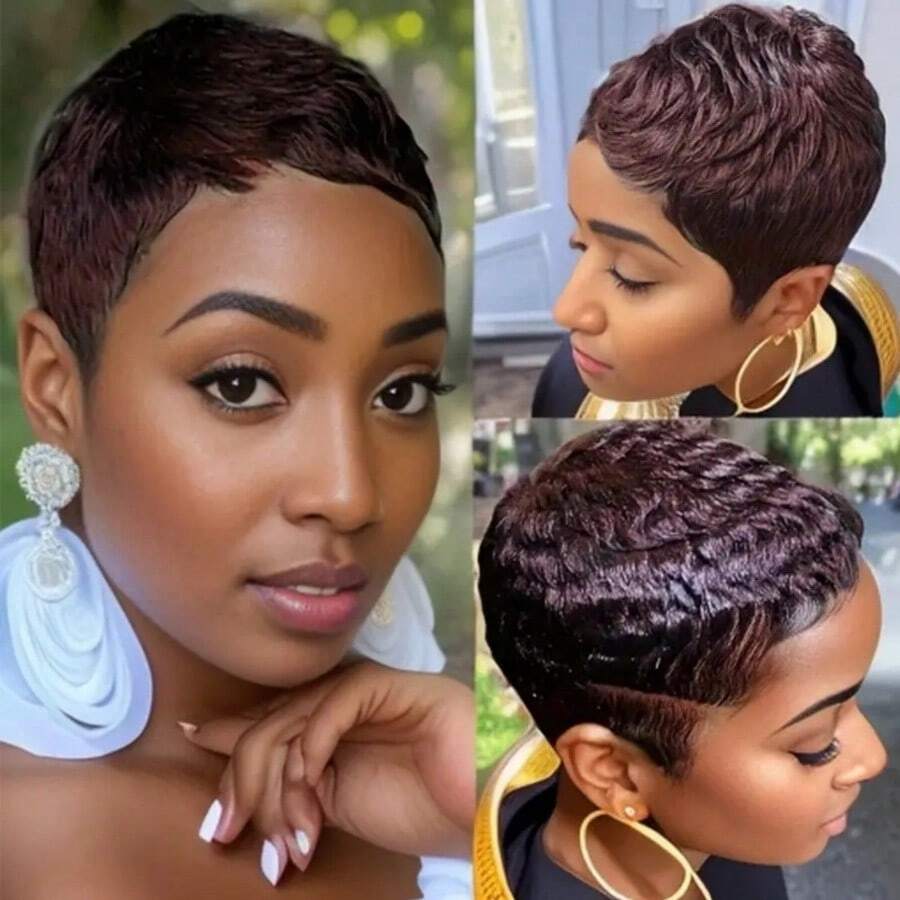 Pixie Cut Curly Wave Human Hair Wig for Women Full Machine Made Wig for Daily Wear
