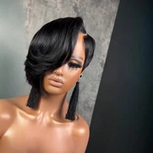 Lace Frontal Short Wig For Human Hair Lace Frontal Pixie Cut Wig Human Hair Wigs For Women 13*4*1 T Part Lace Frontal Wig Glueless Wigs For Daily Use Short Lace Wig For Women Human Hair Black Color Wig Short Wigs With Side Part Bangs