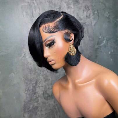 Lace Frontal Short Wig For Human Hair Lace Frontal Pixie Cut Wig Human Hair Wigs For Women 13*4*1 T Part Lace Frontal Wig Glueless Wigs For Daily Use Short Lace Wig For Women Human Hair Black Color Wig Short Wigs With Side Part Bangs