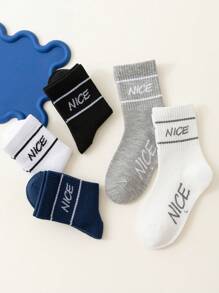 5 pares de calcetines para niños/niños de media pantorrilla con patrón de líneas "NICE" en negro, blanco, gris, azul marino, elásticos y con costillas altas, cómodos y versátiles, con estilo deportivo y universitario clásico, para usar en primavera, verano, otoño e invierno, para niños y niñas