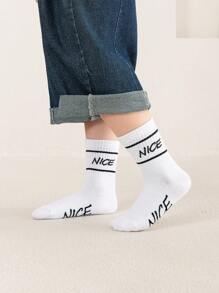 5 pares de calcetines para niños/niños de media pantorrilla con patrón de líneas "NICE" en negro, blanco, gris, azul marino, elásticos y con costillas altas, cómodos y versátiles, con estilo deportivo y universitario clásico, para usar en primavera, verano, otoño e invierno, para niños y niñas