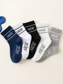 5 pares de calcetines para niños/niños de media pantorrilla con patrón de líneas "NICE" en negro, blanco, gris, azul marino, elásticos y con costillas altas, cómodos y versátiles, con estilo deportivo y universitario clásico, para usar en primavera, verano, otoño e invierno, para niños y niñas