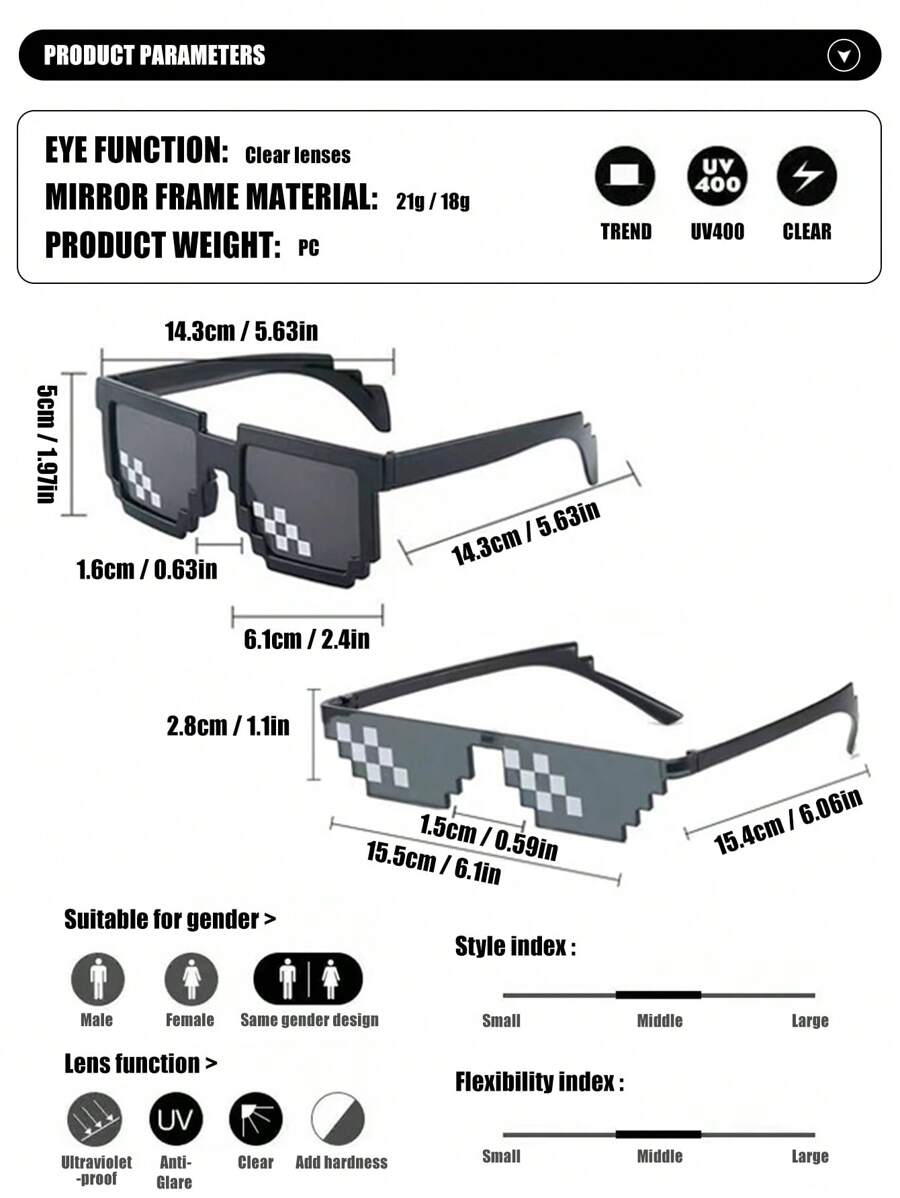 1 件马赛克设计眼镜、时髦动漫/卡通风格新奇眼镜、派对道具、拍照道具、有趣的派对眼镜、像素眼镜、酷炫小玩意、派对装饰、派对用品 - 彩色 - 查看 1