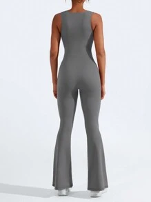 Women Flare Jumpsuits Gym Sleeveless Square Neck Full Length One Piece Yoga Jumpsuit Grey - Grey - View 4