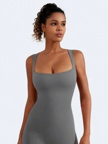Women Flare Jumpsuits Gym Sleeveless Square Neck Full Length One Piece Yoga Jumpsuit Grey - Grey - View 2
