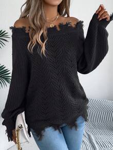 Women Off Shoulder Solid Knit Sweater Furry Trim Long Sleeve Fall Winter Vacation Essential Black Pullover Tops - 黑色 - 查看 4