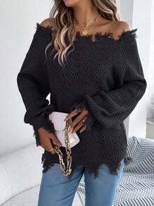 Women Off Shoulder Solid Knit Sweater Furry Trim Long Sleeve Fall Winter Vacation Essential Black Pullover Tops - 黑色 - 查看 6