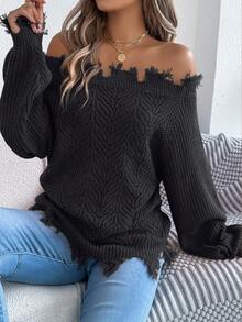 Women Off Shoulder Solid Knit Sweater Furry Trim Long Sleeve Fall Winter Vacation Essential Black Pullover Tops - 黑色 - 查看 1