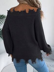 Women Off Shoulder Solid Knit Sweater Furry Trim Long Sleeve Fall Winter Vacation Essential Black Pullover Tops - 黑色 - 查看 2