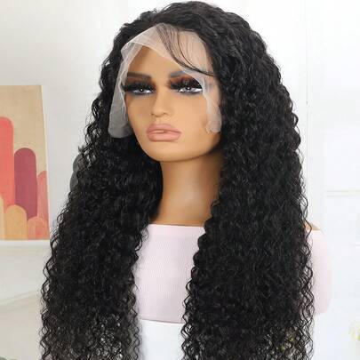Pelucas frontales de encaje transparente de pelo humano, rizado y rizado, 13x4, calidad 12A, para mujeres, con cabello bebé, color natural, 150% de densidad, sin pegamento.