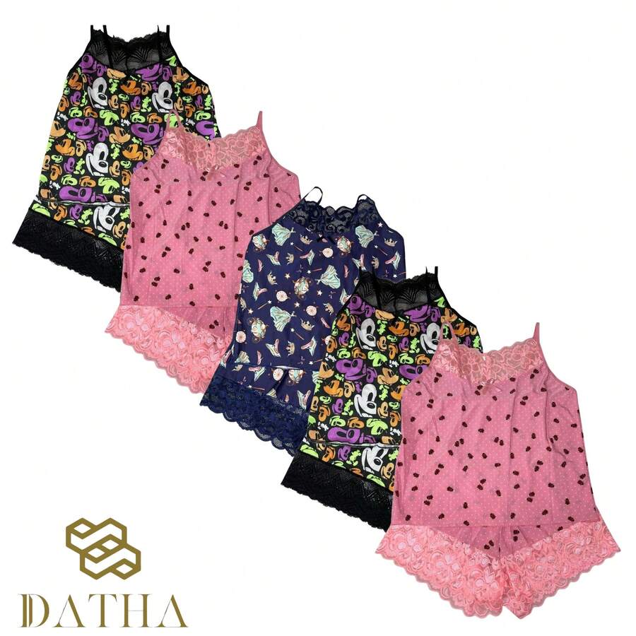 Kit 5 Baby Doll Short Set With Datha Lace Detail - 彩色 - 查看 1