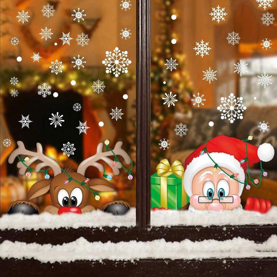 1 件节日圣诞玻璃窗贴纸 - 带有圣诞老人、驯鹿和雪花图案的墙贴，可移除、可重复使用，易于粘贴于卧室、客厅、家庭和购物中心装饰 - 彩色 - 查看 1