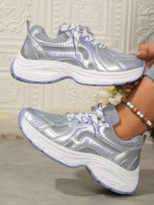 女士时尚厚底运动鞋新品上市，银色系带圆头休闲运动鞋，粉色、蓝色、紫色 - 紫色 - 查看 2