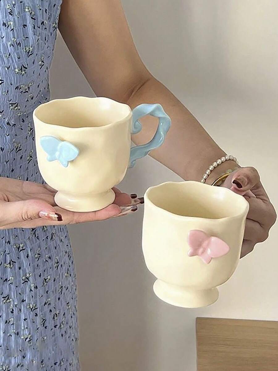 1pc INS风格梦幻3D蝴蝶陶瓷杯釉面扭曲手柄杯家用下午茶/咖啡杯早餐牛奶/麦片杯果汁/冷饮杯礼品杯 - 彩色 - 查看 1