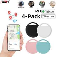 RSH 4 Confezioni di Tracker Multifunzione Smart (solo per iOS), Tag Bluetooth senza fili compatibile con Apple Find My (solo per iOS), protezione della privacy, batteria sostituibile, per borse, chiavi, biciclette, portafogli (Android non supportato)