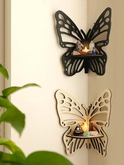 1pc Butterfly Crystal Stand - Wall Floating Corner Stand, Bedroom Crystal Display Stand Bohemian Cute Bathroom Kitchen Office Living Room Aesthetic Magic Decoration Gift Wall Stand Wooden Butterfly Hollow Crystal Storage Shelf Simple Homestay Home Wall Decoration