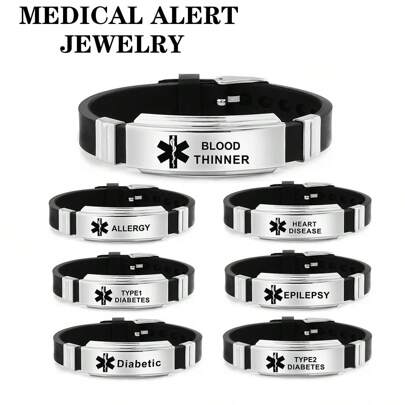 1pc Black Silicone Medical Alert Bracelet With Stainless Steel Life Star Logo
