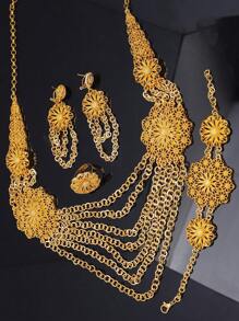 1 Set (2 piezas de aretes, 1 pieza de anillo, 1 pieza de brazalete, 1 pieza de collar) de aleación de cobre bañado en oro de 24K con diseño exagerado de estilo nupcial de Medio Oriente y Dubai para mujeres