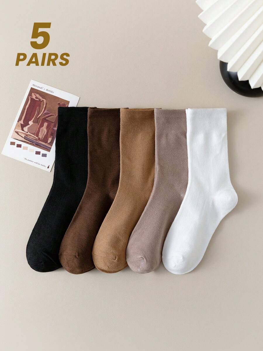 5 đôi tất cổ cao cho nữ, màu Maillard trơn, mềm mại và ấm áp, thời trang và đa năng, phù hợp cho 4 mùa - Nhiều màu - Xem 1