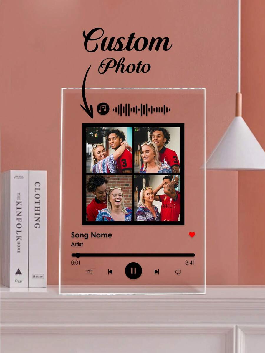 1pc Customized Music Plaque, Can Add Multiple Photos And Text, Ideal For Valentine's Day Gift, Unisex, Can Be Used As Album Cover Or Room Decor, Customized Acrylic Music Song Plaque With Photos And Text, Great For Anniversary, Unique Personalized Gift For Her - Multi-picture-Customized 4 photos-Black - View 1