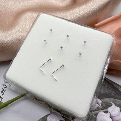6pcs Mini 1.5mm Rhinestone L-Shaped Nose Studs & Earrings, 925 Sterling Silver Body Piercing Jewelry, For Women & Girlfriend