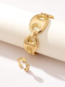 1 Set (1pc Geometric Line Gold Bangle And 1pc Geometric Line Thick Ring) European And American Retro Fashion Gold Geometric Line Bangle And Geometric Line Thick Ring Combo Set, Fashionable And Cool, Durable Summer Thick Bangle And Thick Ring Jewelry Set, Suitable For Women To Wear Daily, Holidays, Friends Gathering, Activities, Couple Gift, Etc.