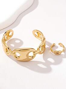 1 Set (1pc Geometric Line Gold Bangle And 1pc Geometric Line Thick Ring) European And American Retro Fashion Gold Geometric Line Bangle And Geometric Line Thick Ring Combo Set, Fashionable And Cool, Durable Summer Thick Bangle And Thick Ring Jewelry Set, Suitable For Women To Wear Daily, Holidays, Friends Gathering, Activities, Couple Gift, Etc.