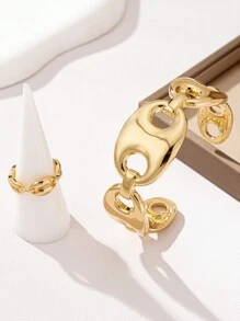 1 Set (1pc Geometric Line Gold Bangle And 1pc Geometric Line Thick Ring) European And American Retro Fashion Gold Geometric Line Bangle And Geometric Line Thick Ring Combo Set, Fashionable And Cool, Durable Summer Thick Bangle And Thick Ring Jewelry Set, Suitable For Women To Wear Daily, Holidays, Friends Gathering, Activities, Couple Gift, Etc.