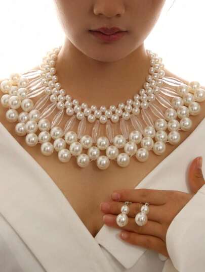 1pc Handmade Middle Eastern Exaggerated Pearl Necklace & 1 Pair Pearl Drop Earrings, Bridal Fashion Jewelry Set