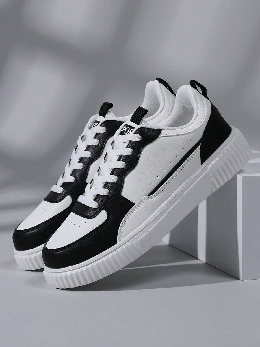 Lace-Up Men/Women Casual Sports Sneakers, Fashionable Low-Top Vulcanized Shoes, Durable Anti-Slip Soft Sole, Size 36-45 - Black and White - View 1