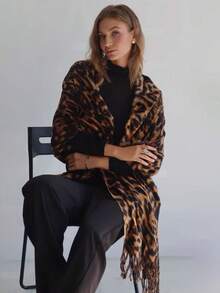 1 chiếc khăn choàng ấm áp in họa tiết da báo giả cashmere phong cách Bohemian dành cho nữ, đa năng cho mùa thu/đông - 03-Cà phê đen - Xem 2