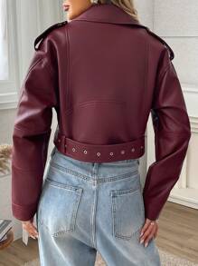 Women's Solid Color Minimalist Zipper Short Jacket, Daily Wear - Burgundy - View 9