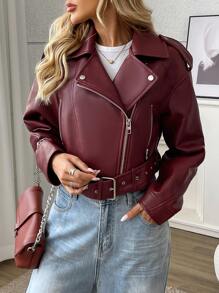 Women's Solid Color Minimalist Zipper Short Jacket, Daily Wear - Burgundy - View 7