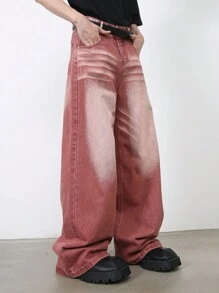 INFLATION 宽松版型红色直筒复古洗水男士牛仔裤，百搭街头服饰 - 紅色 - 查看 5