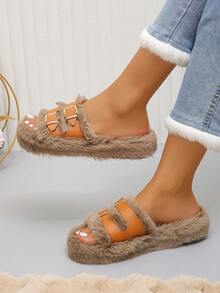 2025 秋冬新款毛茸茸绑带厚底拖鞋，女士百搭蓬松家居拖鞋，厚底 - 杏色 - 查看 1