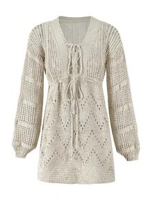 Sexy Deep V-Neck Lace-Up Bell Sleeve Knit Mesh Hollow Out Beach Mini Dress Swimsuit Cover Up Women Summer Casual Tunic