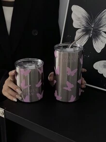 1 件 360ml/12.17oz 600ml/20.29oz 粉色蝴蝶真空隔热杯，保温/保冷不锈钢吸管杯，适用于旅行、户外运动、健身房、汽车、派对礼物水瓶返校 - 彩色 - 查看 1