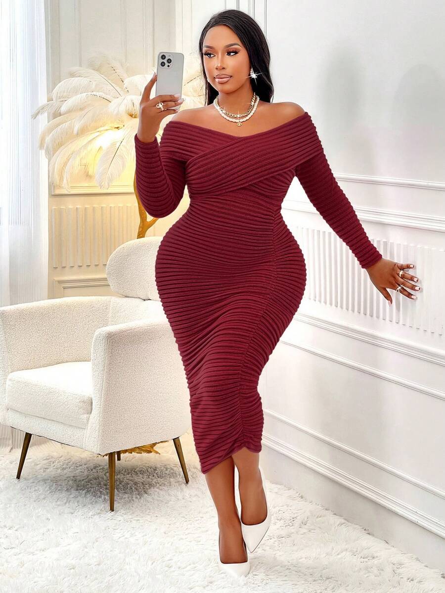 大码女式露肩长袖紧身时尚优雅连衣裙 - 酒紅色 - 查看 1