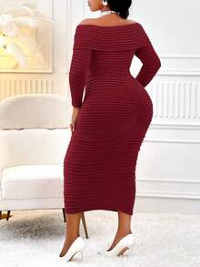 大码女式露肩长袖紧身时尚优雅连衣裙 - 酒紅色 - 查看 2