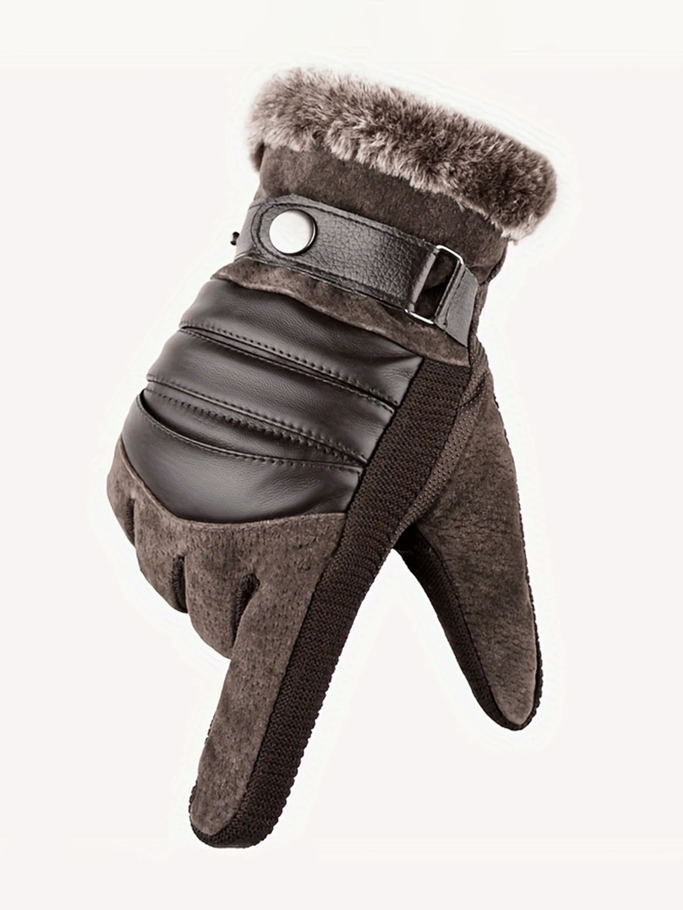 男士保暖内衬骑行手套，冬季保暖，厚 PU 皮革和毛皮，适合摩托车和山地运动，冬季暖手器