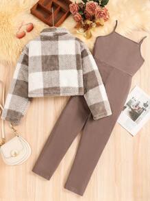 2pcs/Set Girls Casual Plaid Fuzzy Jacket And Straight Leg Pants Set, For Spring And Autumn - Brown - View 2