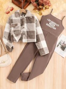 2pcs/Set Girls Casual Plaid Fuzzy Jacket And Straight Leg Pants Set, For Spring And Autumn - Brown - View 1
