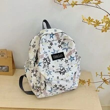 女士时尚双色星星印花尼龙背包，学院风背包，通勤和休闲出游皆宜 - 白色 - 查看 7