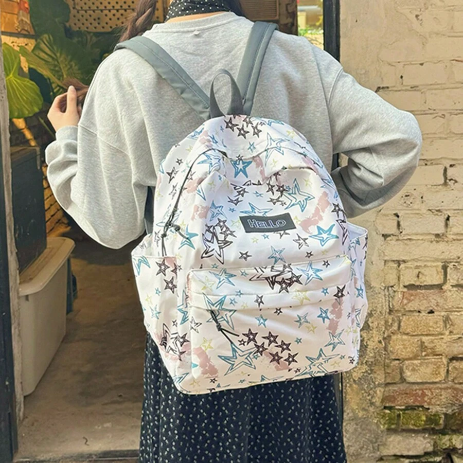 女士时尚双色星星印花尼龙背包，学院风背包，通勤和休闲出游皆宜 - 白色 - 查看 1