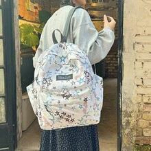 女士时尚双色星星印花尼龙背包，学院风背包，通勤和休闲出游皆宜 - 白色 - 查看 4