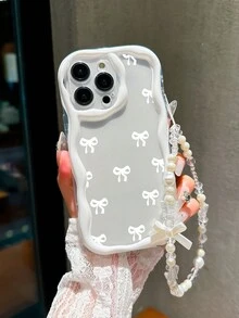 1 件白色蝴蝶结波纹边防摔 TPU 手机壳，配时尚挂绳 - 兼容 iPhone 16/16 Pro Max、11/12/13/14/15 系列、Pro Max、Plus、Xr - 送给女性和朋友的完美礼物 - 白色 - 查看 3