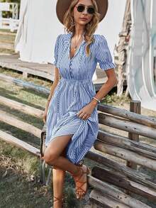 Elegant Long Dresses For Women Solid Fashion, Women's Short Sleeve Party Dresses With Front Button, Women's Summer Casual Comfortable Breathable Dresses, Women's Bodycon Dresses 2024 - 藍色 - 查看 3