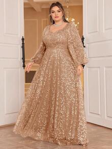 Plus Size Women's Floral Mesh Sweetheart Neck Lantern Sleeve Elegant Evening Gown, Wedding Guest Dress, Party Dress, Formal Dress