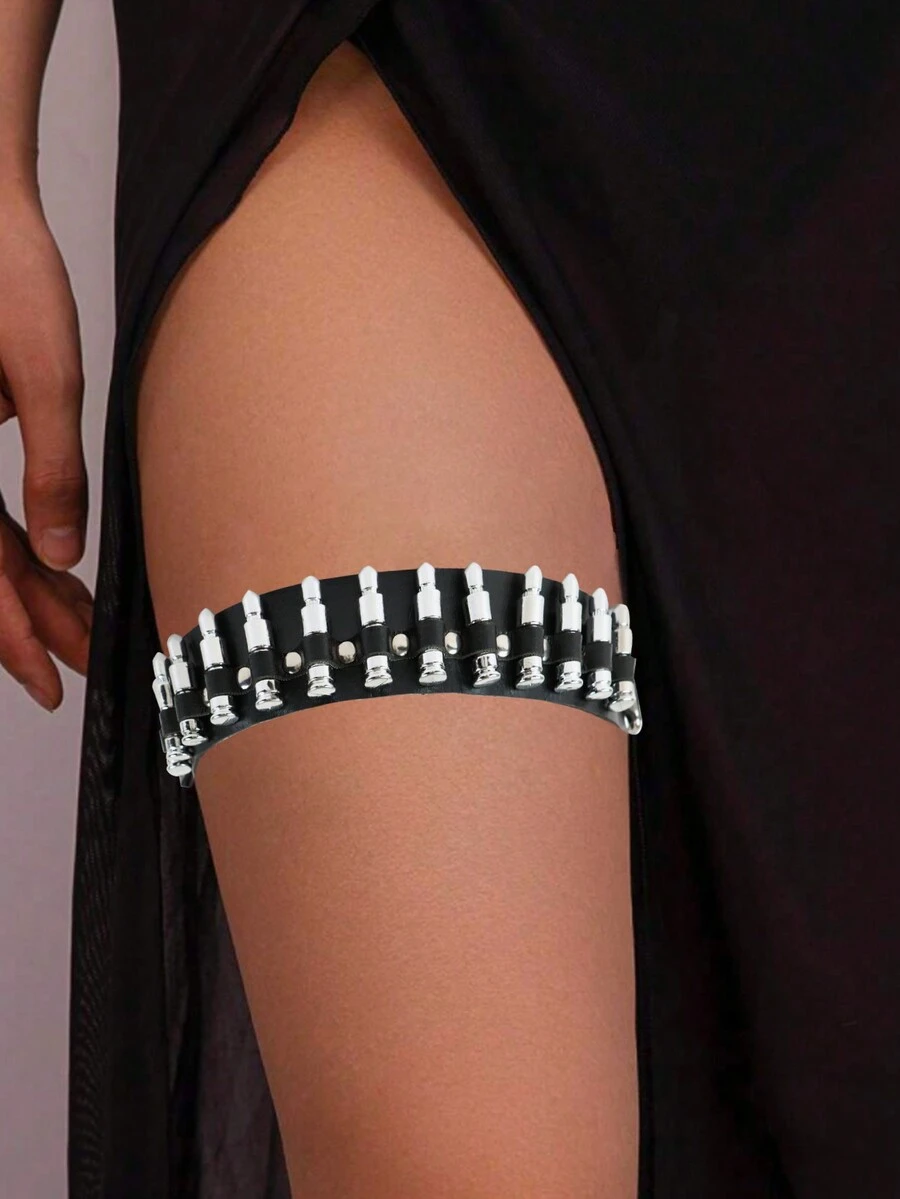 1 chiếc dây đeo đùi bằng da giả họa tiết viên đạn phong cách Gothic Y2K, thích hợp cho các buổi tiệc rave và cosplay. - màu đen - Xem 1